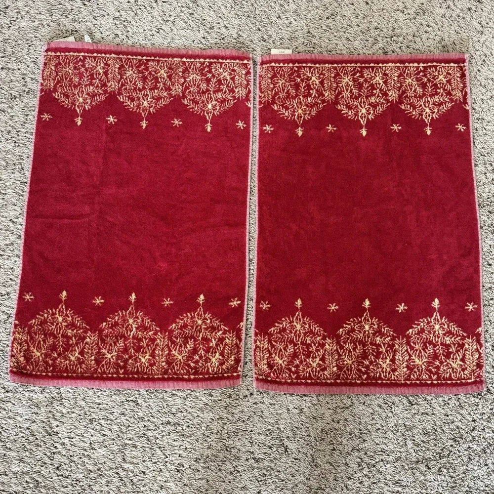 Southern Living 3pc Towel Set Red Gold Reversible Jacquard Made Portugal